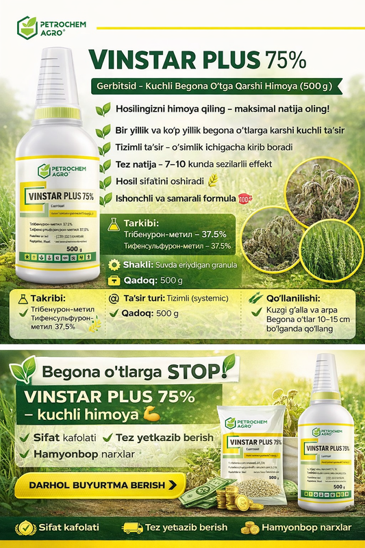 🌿 VINSTAR PLUS 75% Gerbitsid – Begona o‘tlarga qarshi kuchli himoya (500g)